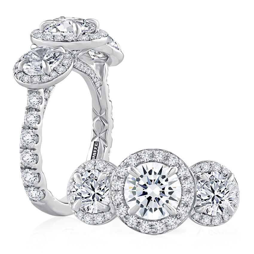 Round diamond three stone ring with diamond halos and diamonds down band | A.JAFEE Round Diamond