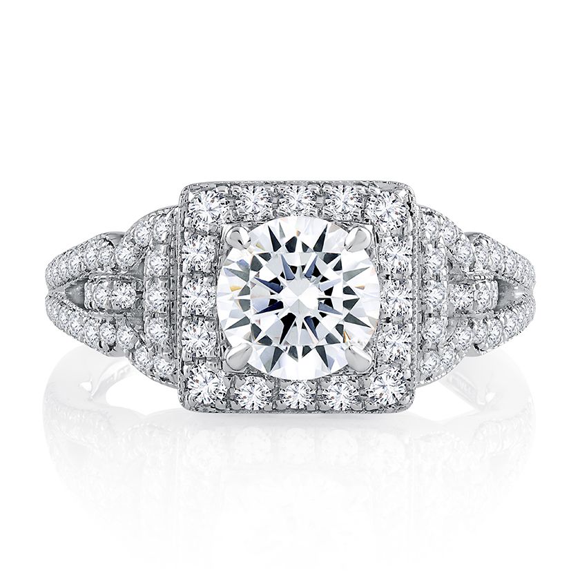 Vintage Inspired Split Shank Halo Round Cut Diamond Engagement Ring - A.JAFFE